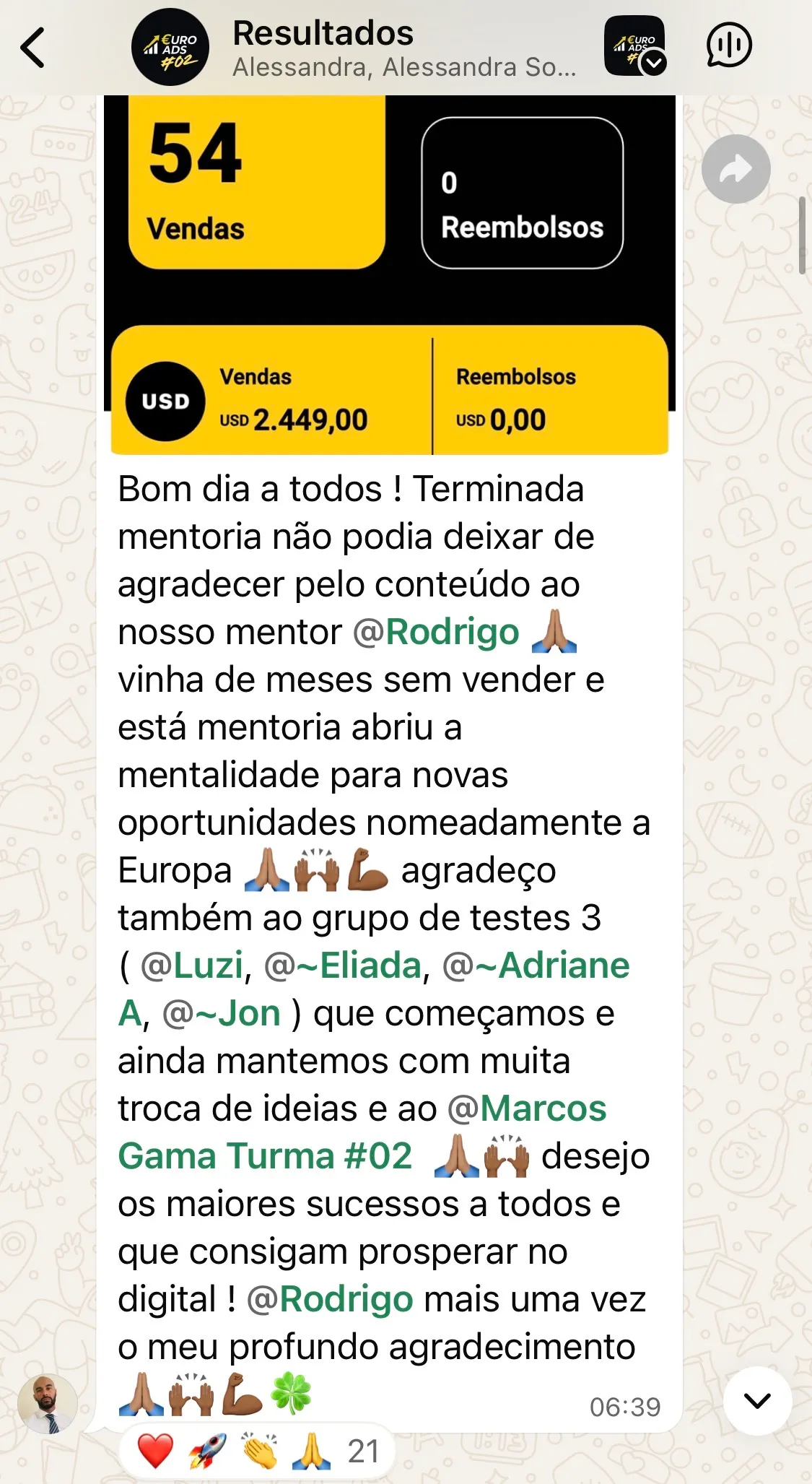 Aluno relata 54 vendas e agradece pelo conteúdo da EuroAds