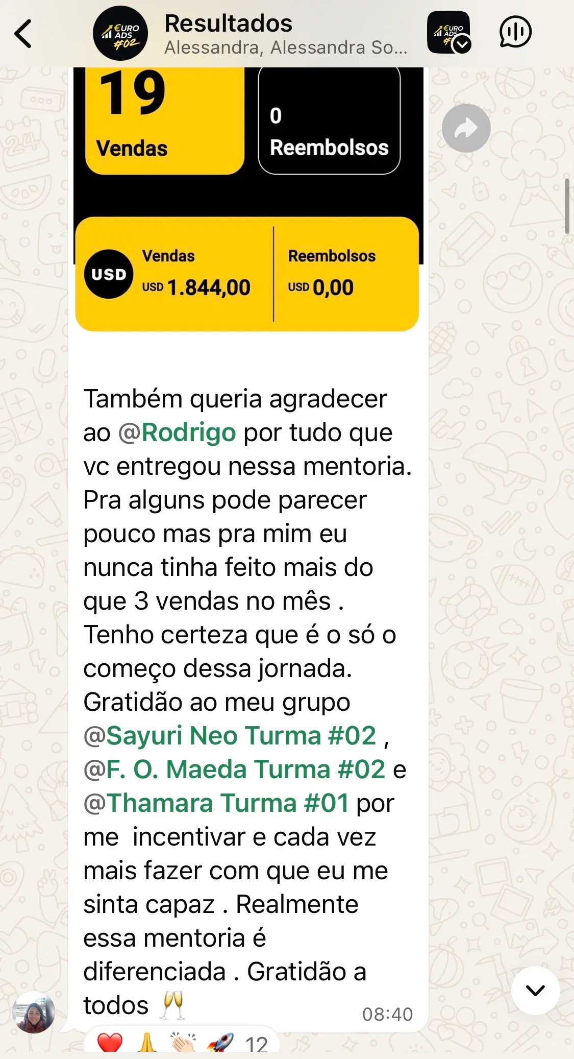 Aluna relata evolução de três para dezenove vendas no mês