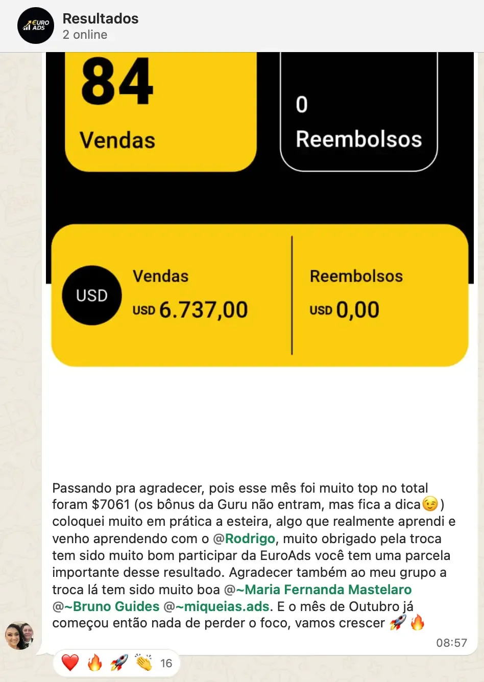 Aluno relata 84 vendas e agradece pela aplicação da esteira EuroAds