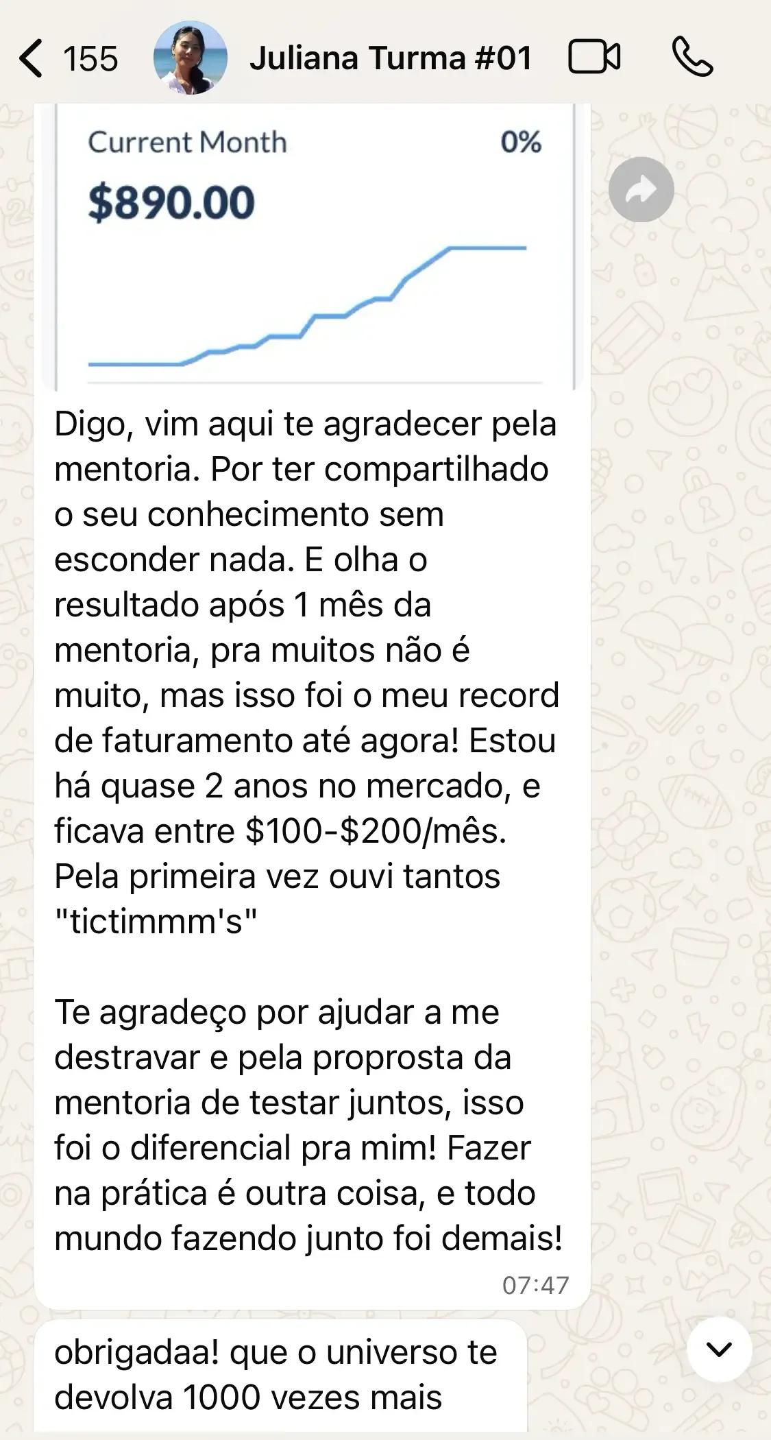 Aluna relata seu recorde de faturamento após um mês de mentoria